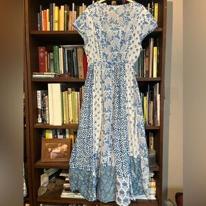 April Cornell blue & white patchwork maxi dress